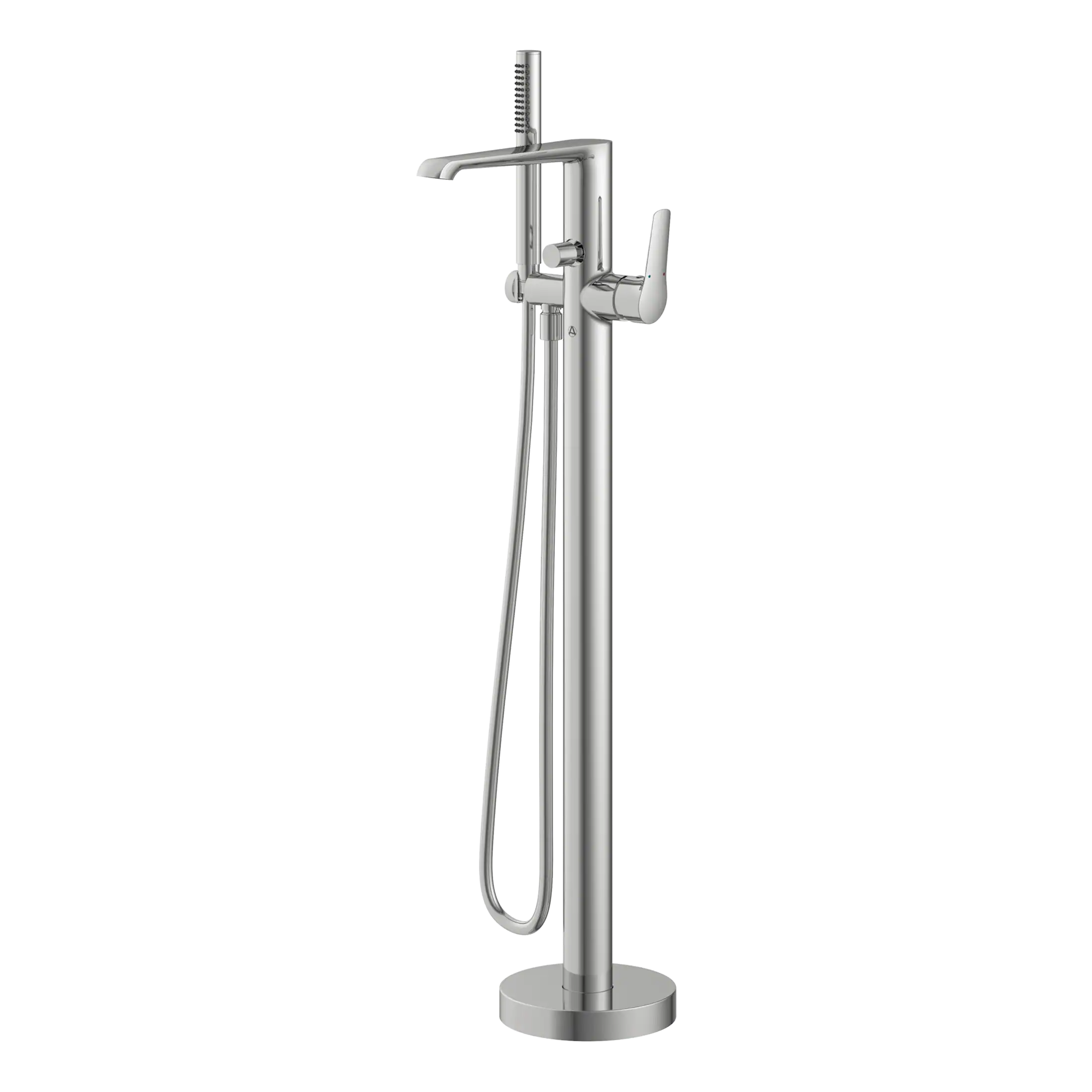 Sleek modern freestanding bathroom mixer tap with handheld shower head, flexible hose, and polished chrome finish for contemporary Bubly bathrooms.
