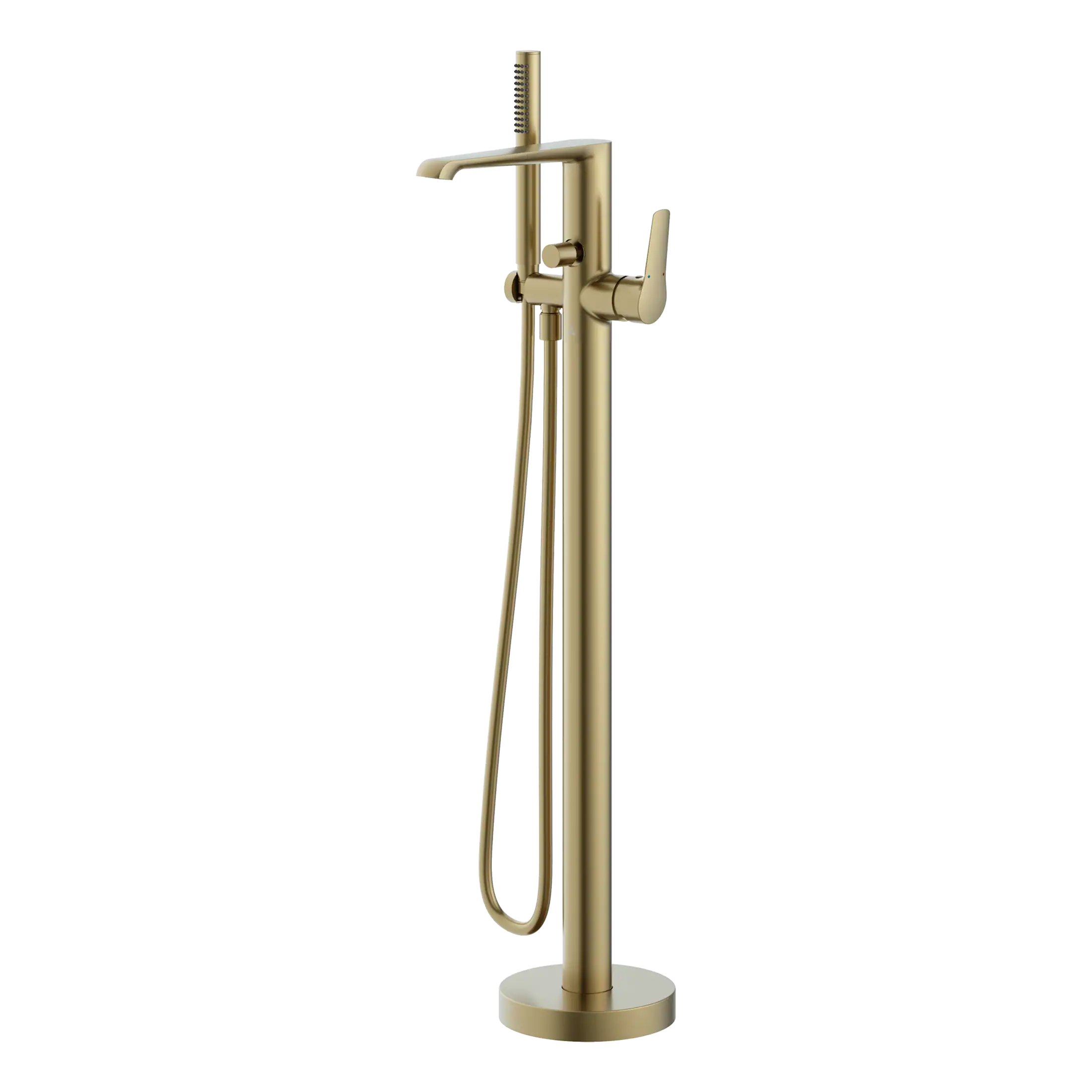 Elegant gold freestanding bathtub tap with hand shower, modern bathroom fixture for luxury bathing, perfect for stylish bathtub installations.