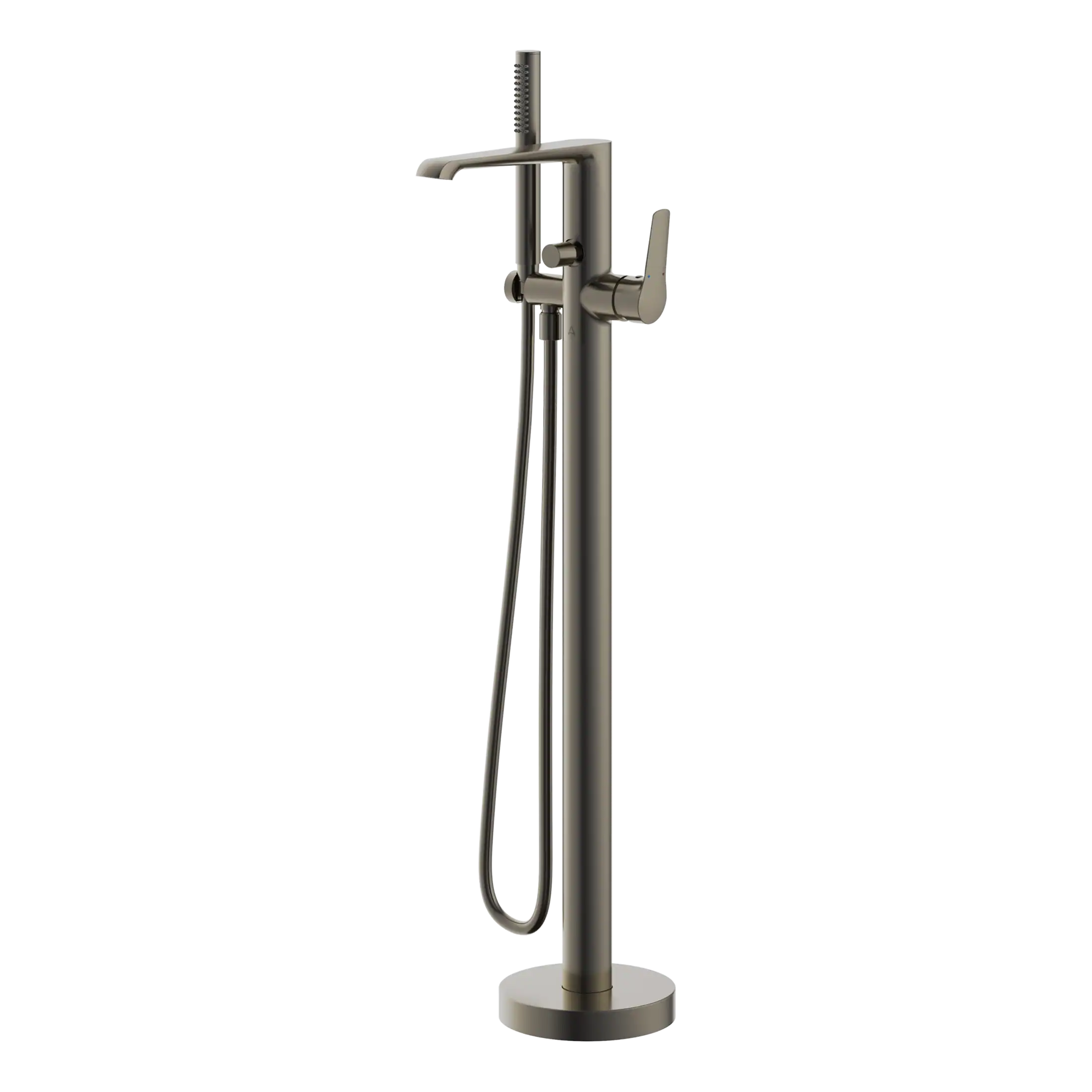 Sleek modern freestanding bathroom mixer tap with handheld shower and flexible hose, made of stainless steel for contemporary bathroom designs.