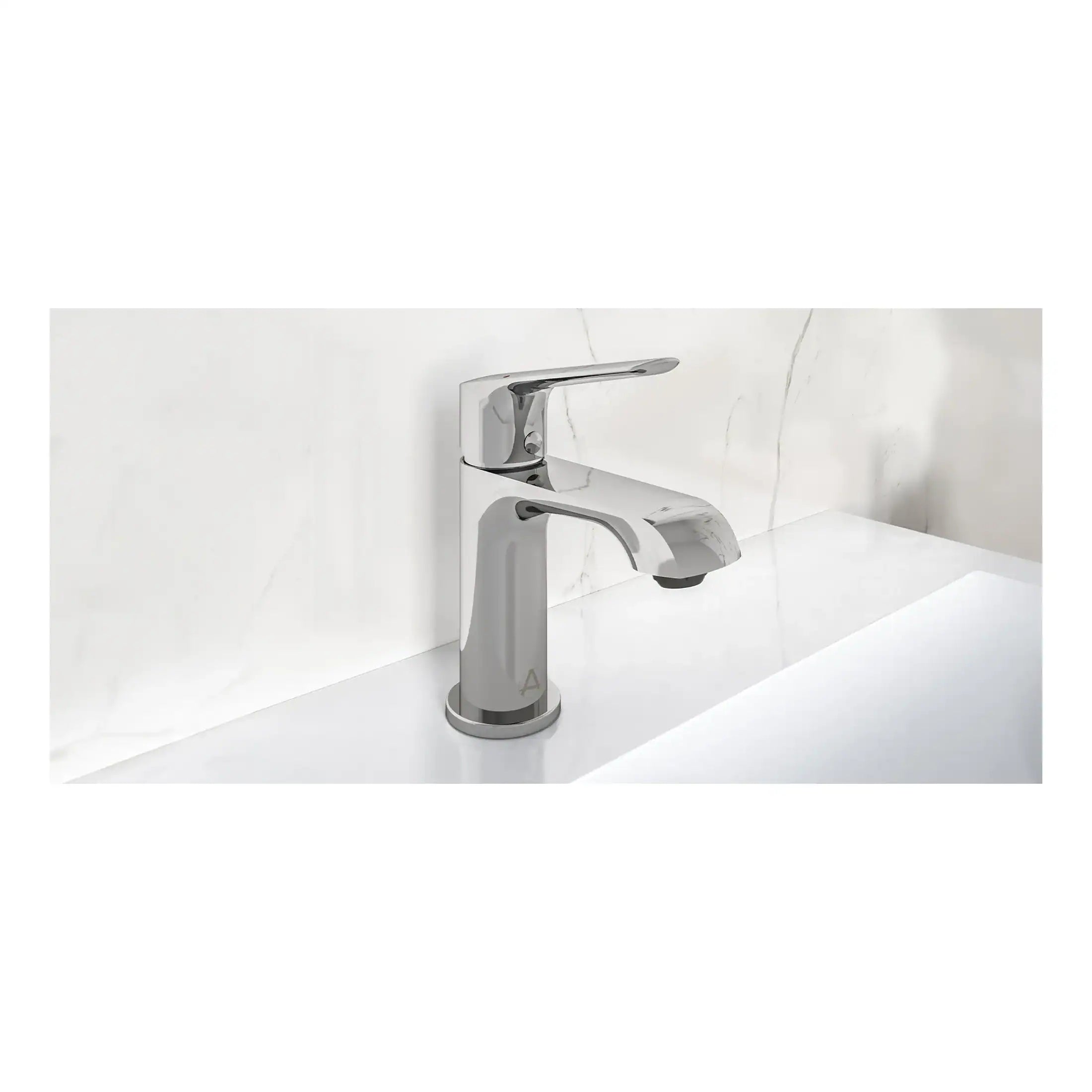 Sleek modern chrome bathroom mixer tap with smooth curves, designed for contemporary bathroom installations. Ideal for stylish sinks, combining functionality with elegant aesthetics.
