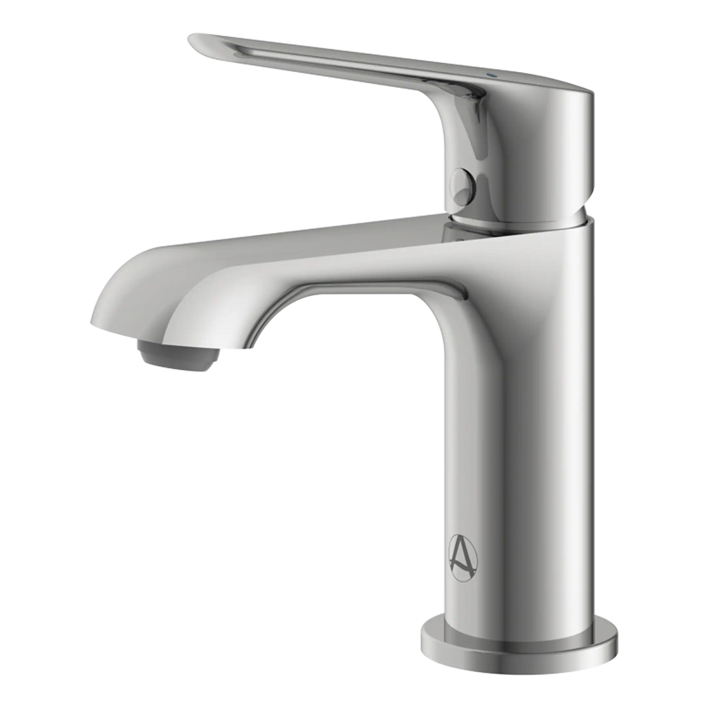 Brushed stainless steel bathroom tap, modern design, single lever mixer for sinks, ideal for contemporary bathrooms and washbasins.