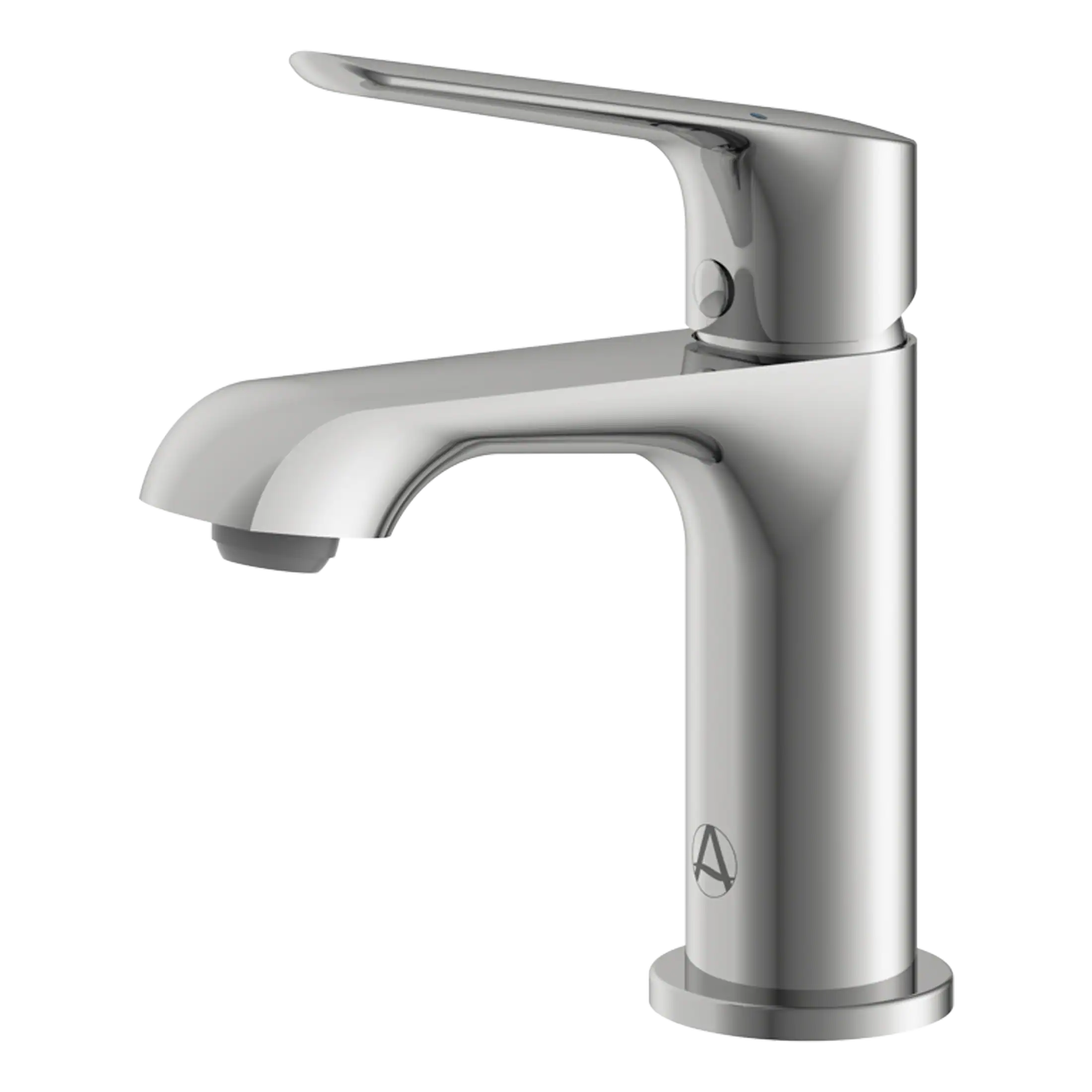 Brushed stainless steel bathroom tap, modern design, single lever mixer for sinks, ideal for contemporary bathrooms and washbasins.