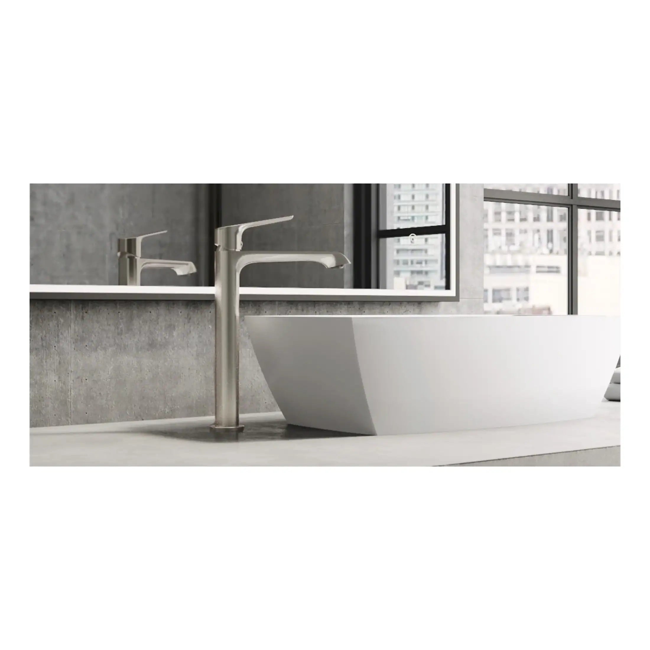 Sleek modern bathroom sink with tall brushed nickel faucet overlooking a cityscape through large windows. Contemporary design featuring a freestanding oval bathtub for luxurious bathroom interiors.