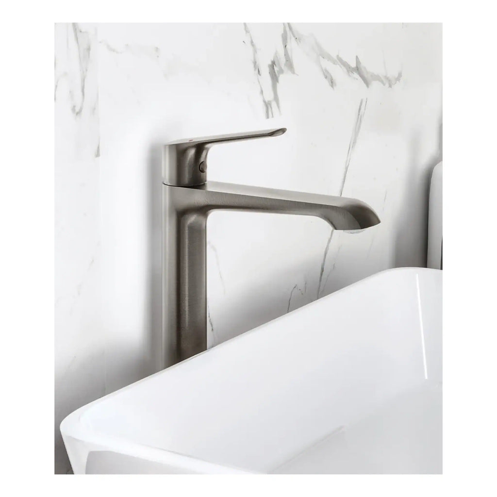 Sleek stainless steel bathroom tap mounted on a marble wall, modern bathroom fixture, ideal for contemporary bathroom design, smooth finish and ergonomic design.