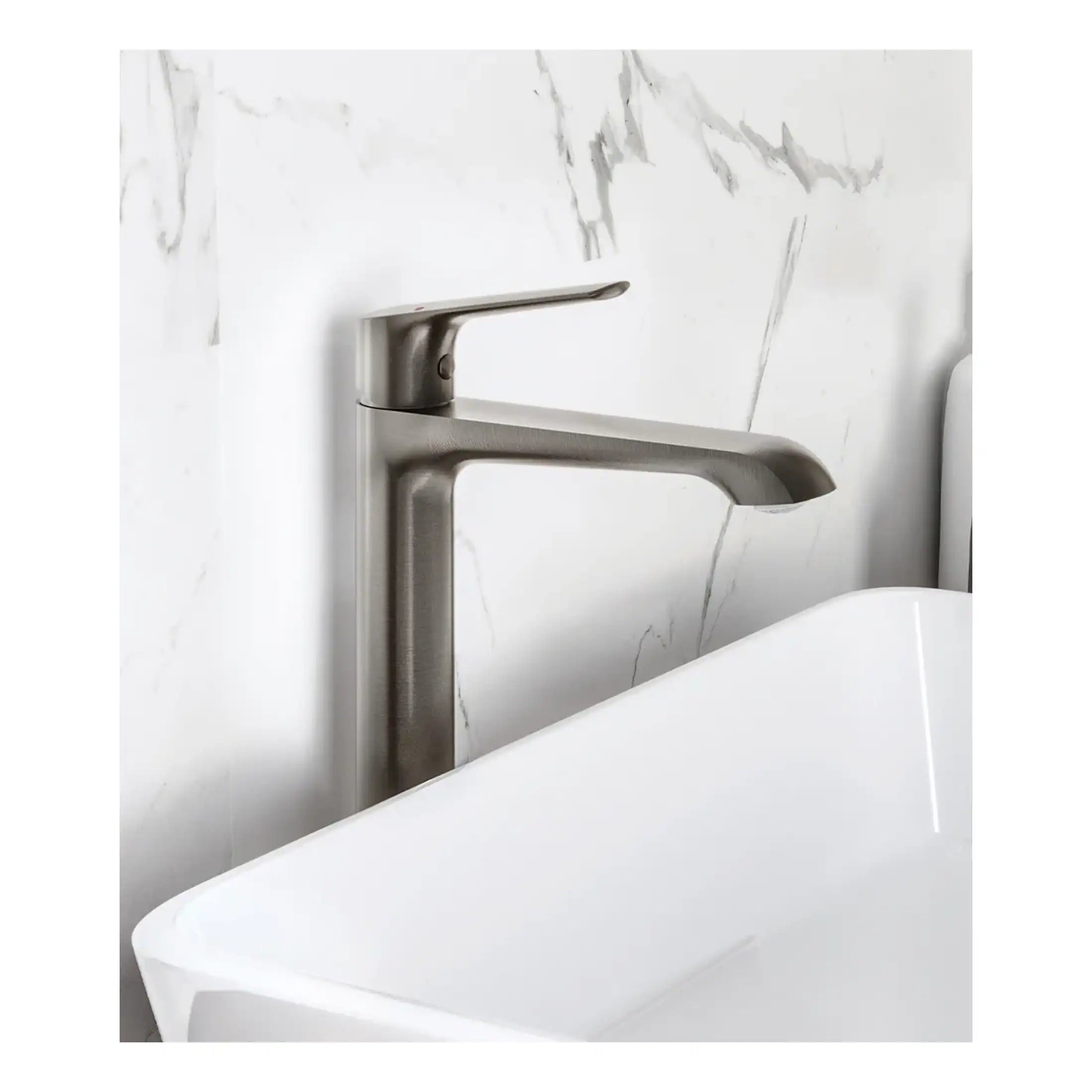 Sleek stainless steel bathroom tap mounted on a marble wall, modern bathroom fixture, ideal for contemporary bathroom design, smooth finish and ergonomic design.