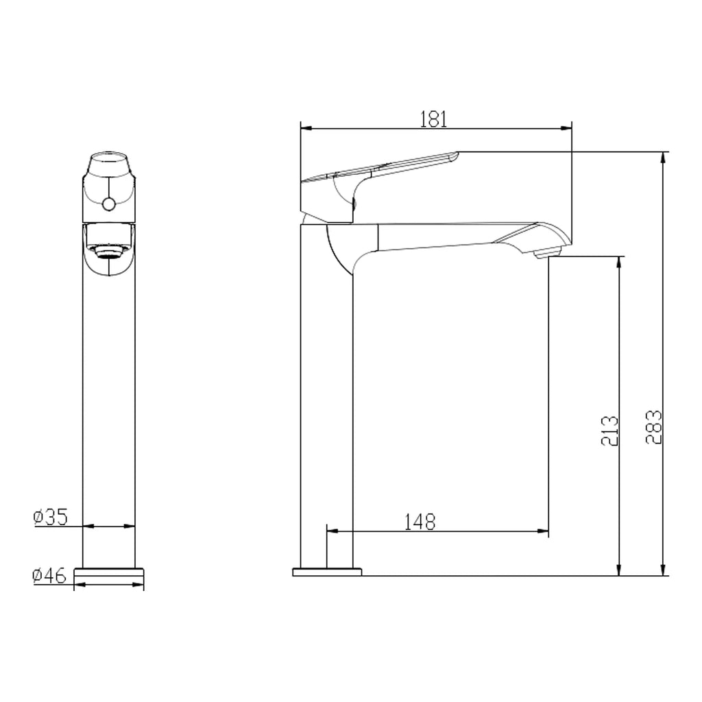 High-quality modern bathroom faucet with sleek design, detailed technical dimensions, perfect for Bubly Bathrooms' contemporary bathroom fixtures, combining functionality and style.
