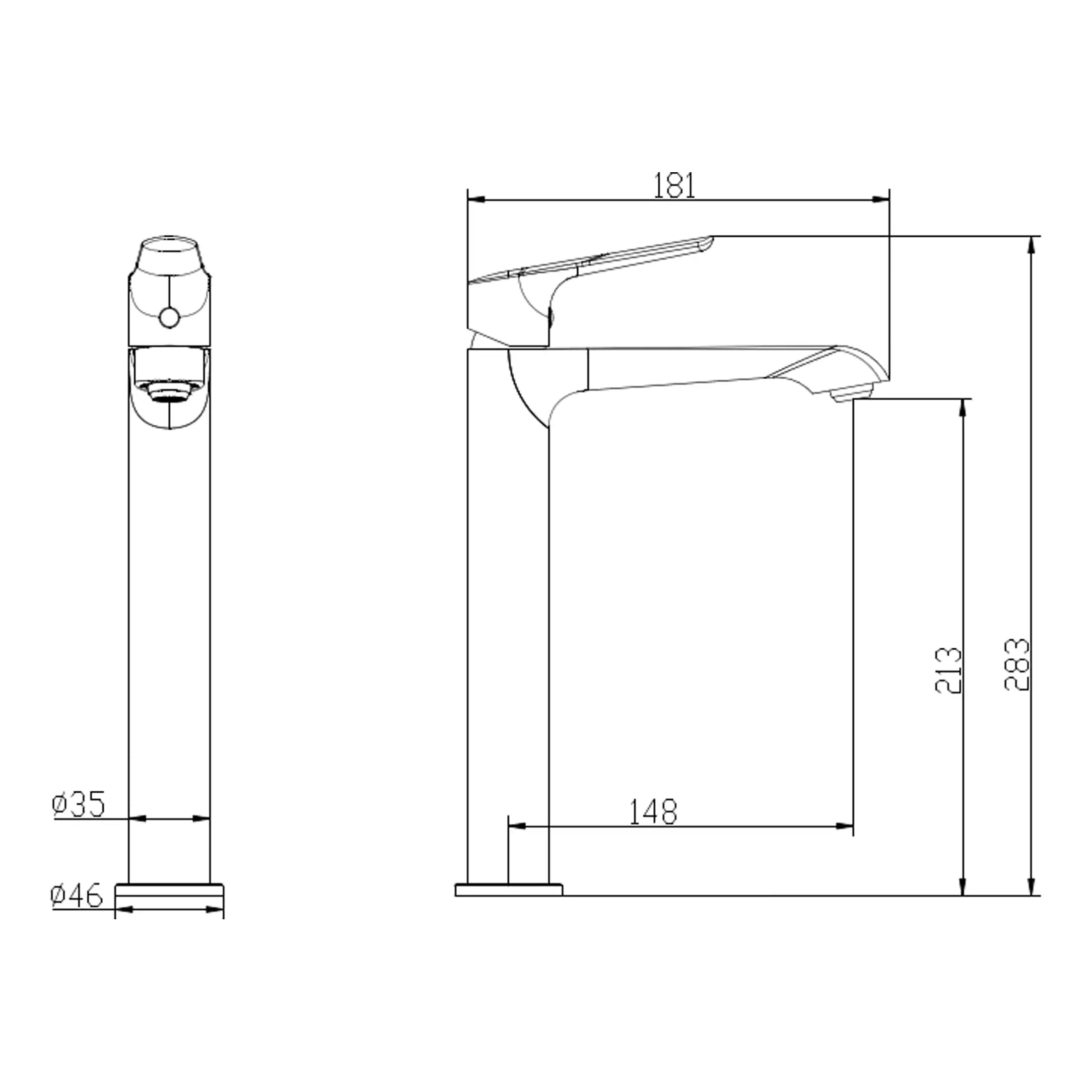 High-quality modern bathroom faucet with sleek design, detailed technical dimensions, perfect for Bubly Bathrooms' contemporary bathroom fixtures, combining functionality and style.