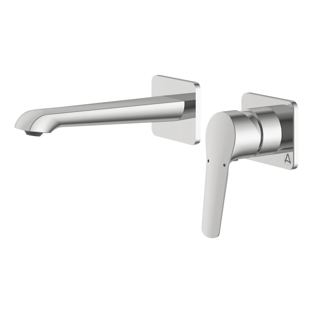 Sleek modern bathroom sink faucet with chrome finish, wall-mounted design, and easy-to-use single lever handle for precise temperature control, ideal for contemporary bathroom settings.