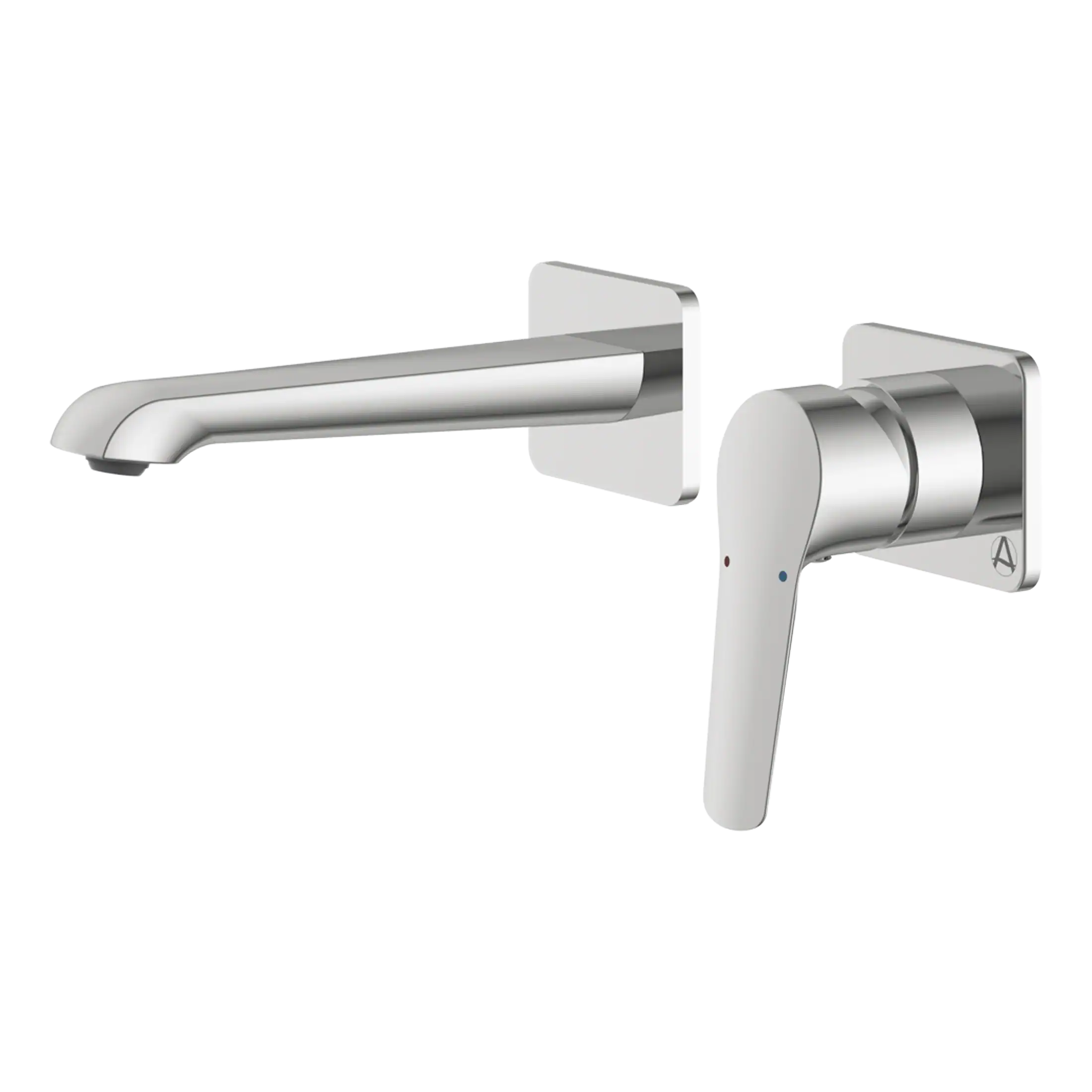 Sleek modern bathroom sink faucet with chrome finish, wall-mounted design, and easy-to-use single lever handle for precise temperature control, ideal for contemporary bathroom settings.