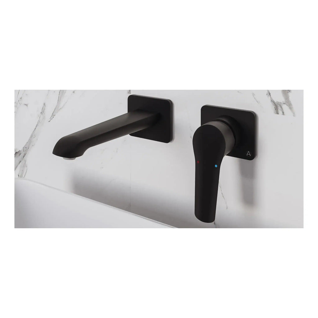 Modern black bathroom tap and mixer on marble wall, stylish bathroom fixtures, sleek design for contemporary bathrooms, high-quality bathroom plumbing accessories.