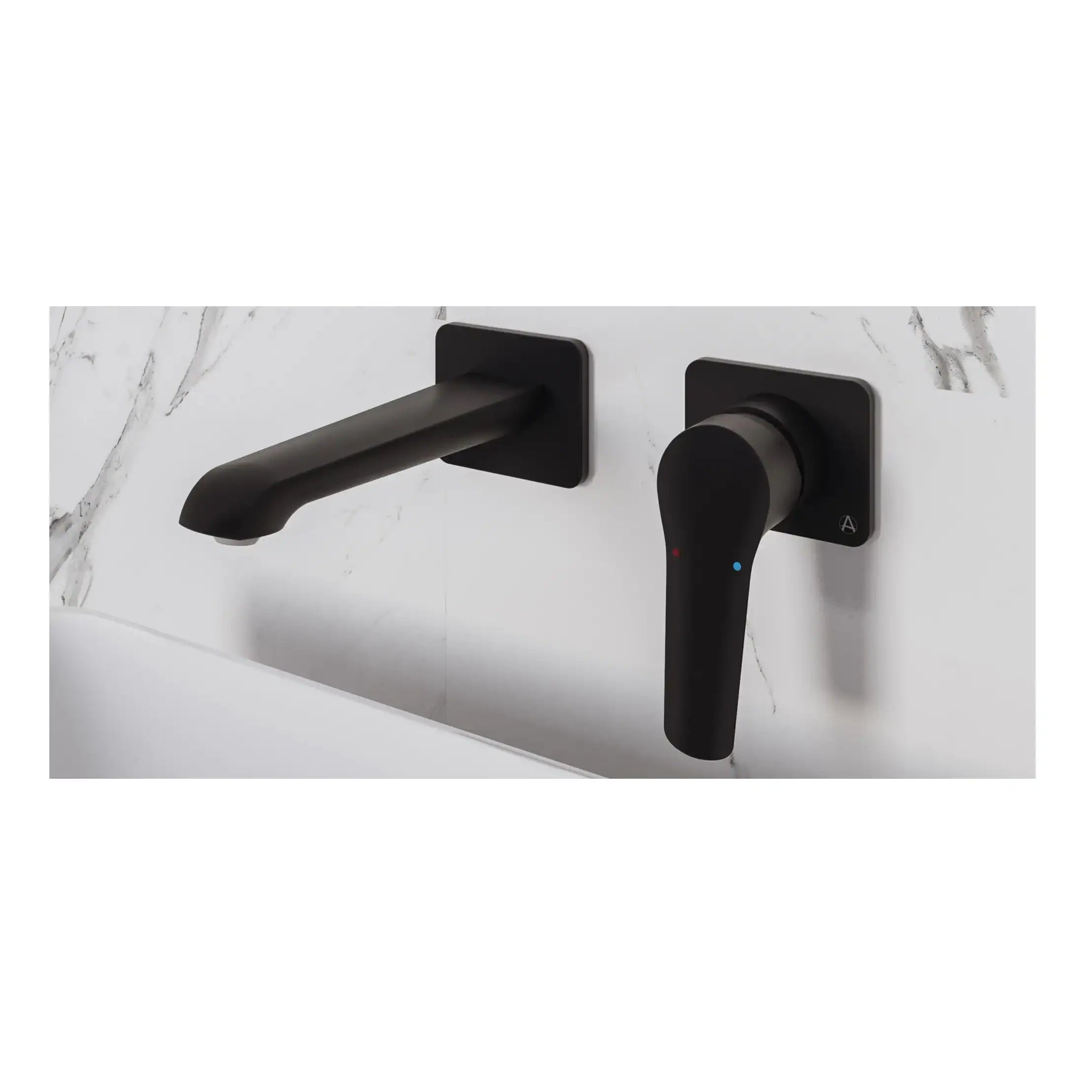 Modern black bathroom tap and mixer on marble wall, stylish bathroom fixtures, sleek design for contemporary bathrooms, high-quality bathroom plumbing accessories.