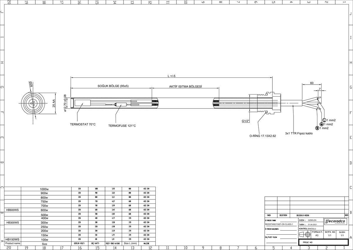 Scudo Standard Heating Element - technical drawing with dimensions