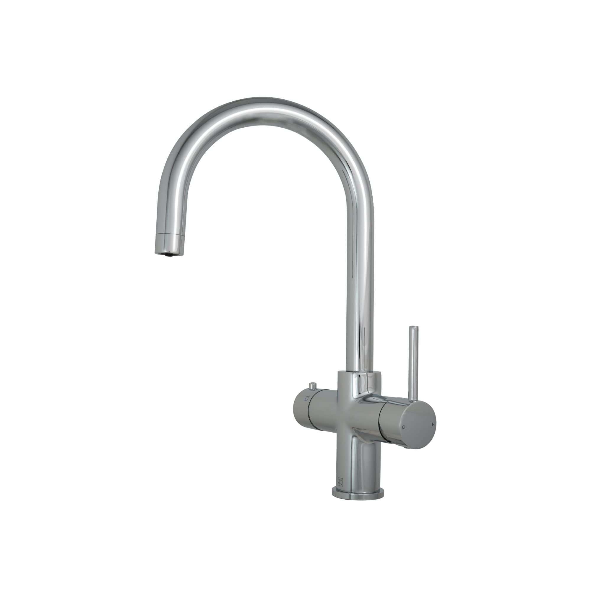 Shiny stainless steel kitchen tap with a curved spout and single lever handle, ideal for modern bathroom or kitchen renovations. Designed for durability and easy use.