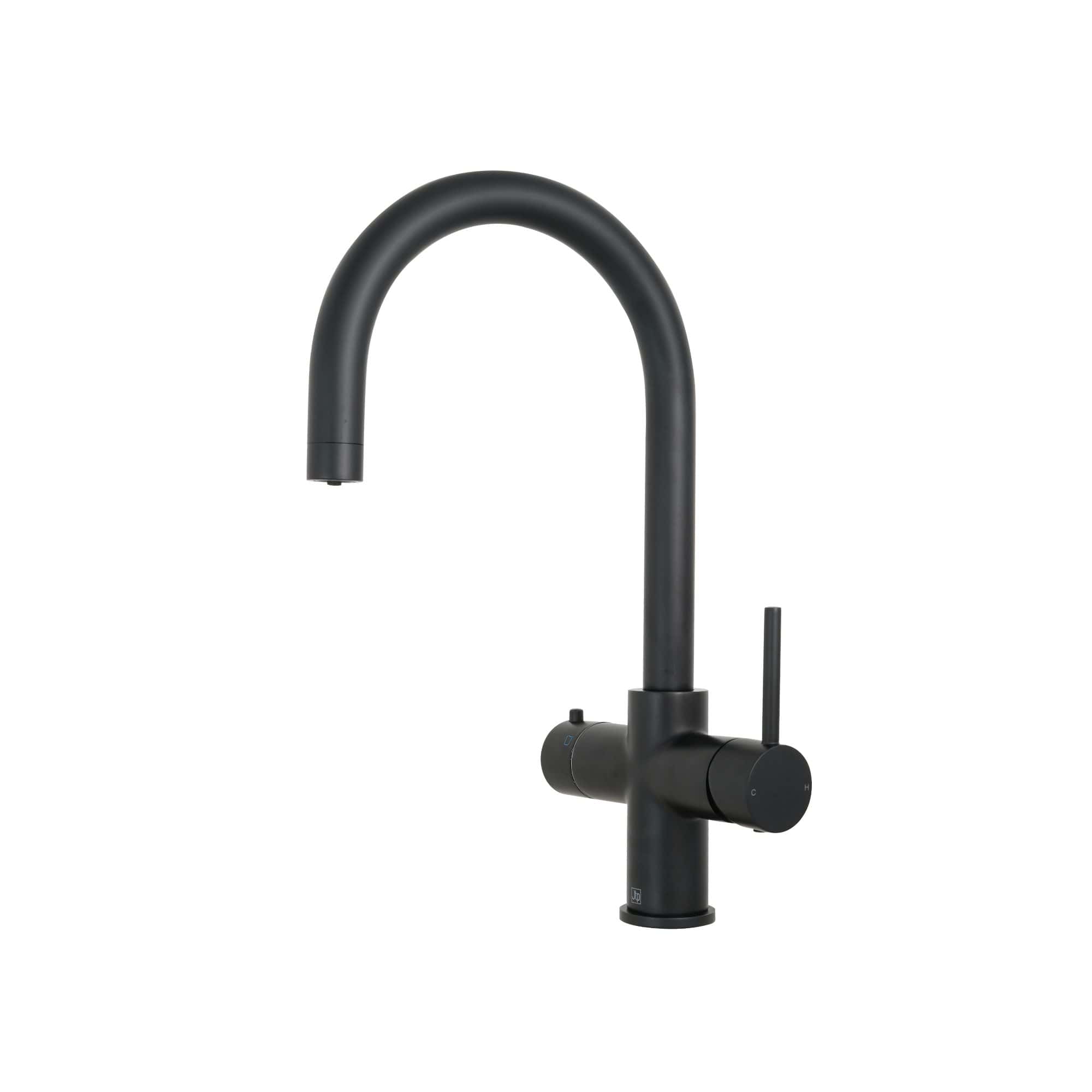 Brushed black kitchen tap with a modern minimalist design, high arch spout and single lever for easy temperature and flow control, ideal for contemporary bathroom or kitchen renovations.
