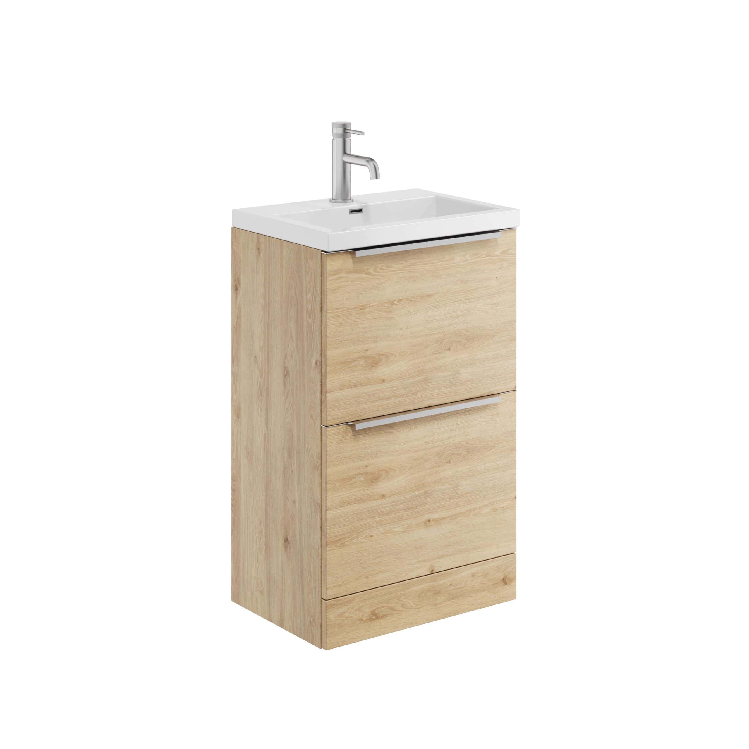 Modern wooden bathroom vanity with integrated sink and chrome tap, ideal for contemporary bathroom interiors and storage solutions.