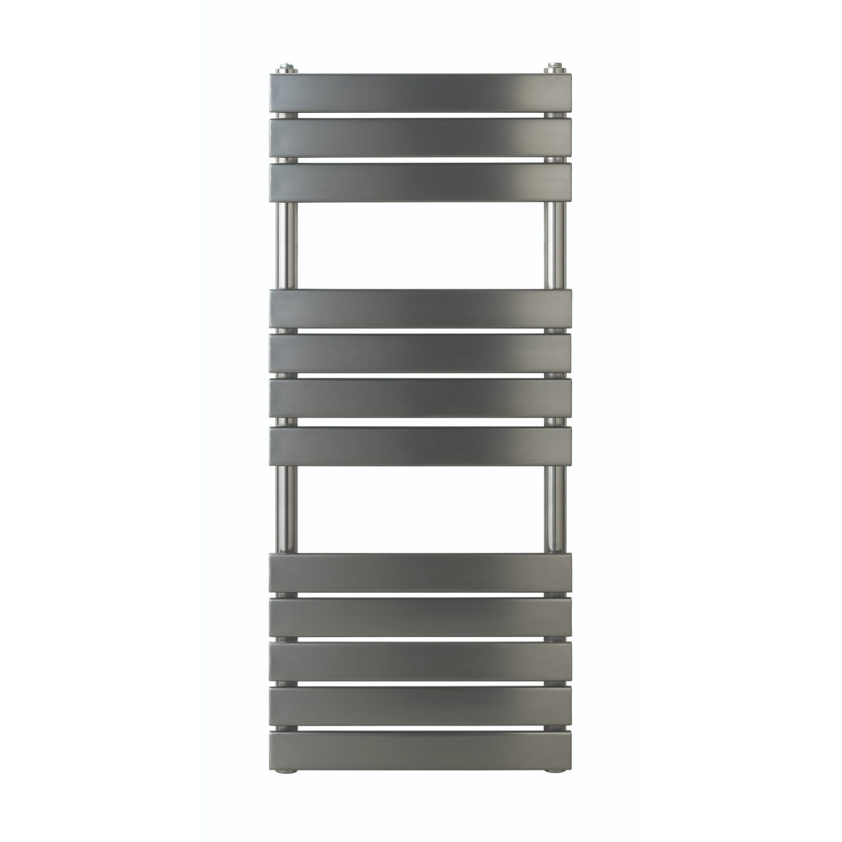 Sleek stainless steel bathroom radiator with horizontal slats, modern and functional design for contemporary bathrooms, perfect for efficient heating and towel drying.