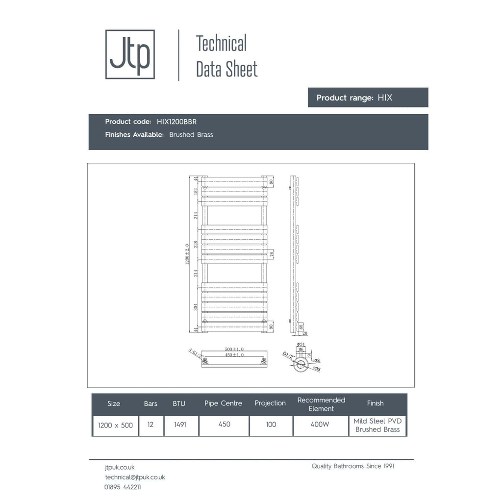 Sleek brushed brass bathroom towel radiator with modern design, ideal for contemporary bathrooms, featuring efficient heating and stylish appearance.