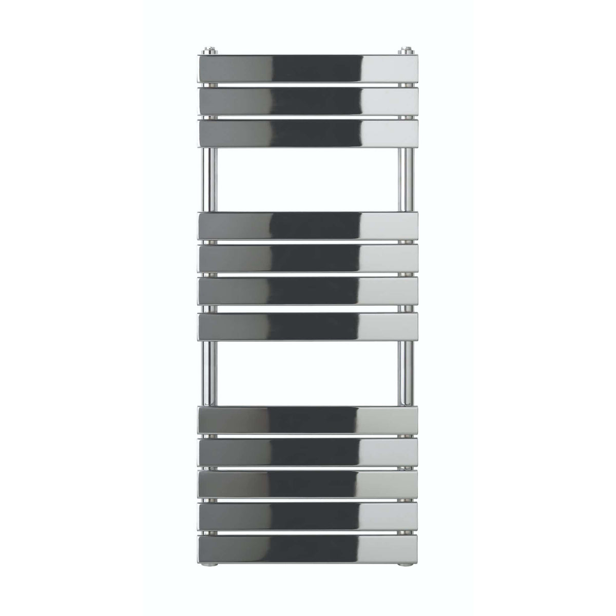 Polished chrome towel radiator for modern bathrooms, stylish and efficient heated towel rail, ideal for bathroom heating solutions, high-quality chrome finish, contemporary bathroom decor accessory.