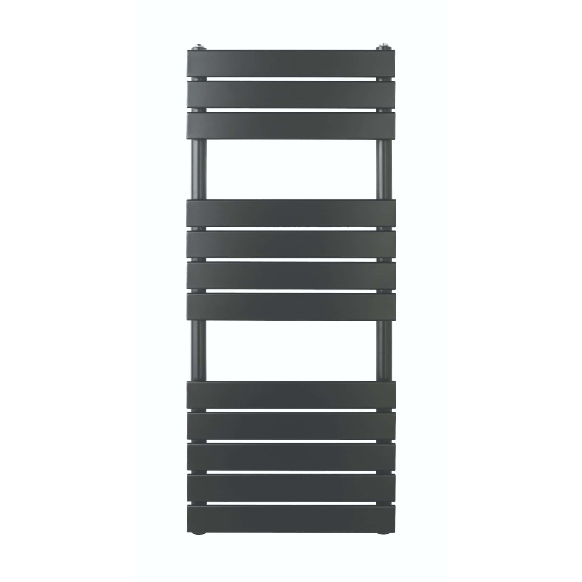 Sleek black radiator towel rail, modern design for bathroom heating and drying towels, wall-mounted for space-saving comfort.