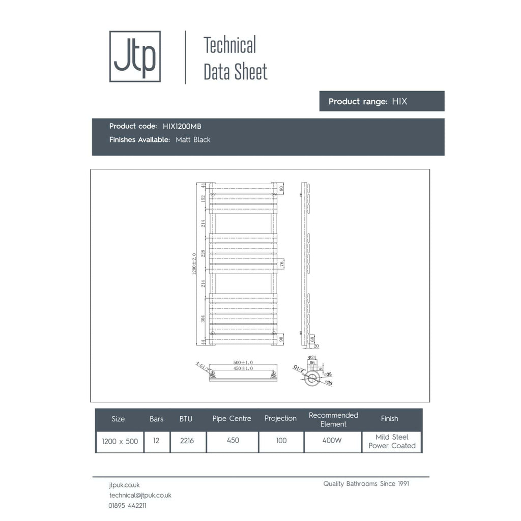 High-quality technical bathroom radiators with sleek black matte finish from Bubly Bathrooms, featuring detailed specifications for modern bathroom heating solutions.