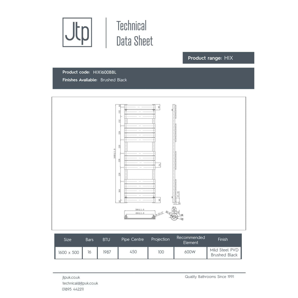 Designed as a technical data sheet for bathroom radiators, this image features detailed measurements and specifications for a brushed black heated towel rail, showcasing high-quality bathroom radiator design.