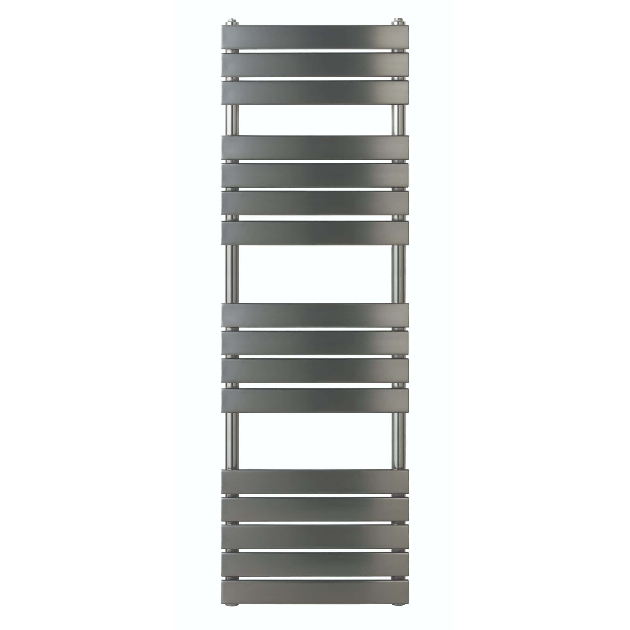 Sleek modern heated towel rail in matte grey finish, ideal for contemporary bathrooms, providing stylish warmth and towel drying convenience. Perfect for enhancing bathroom aesthetics and functionality.