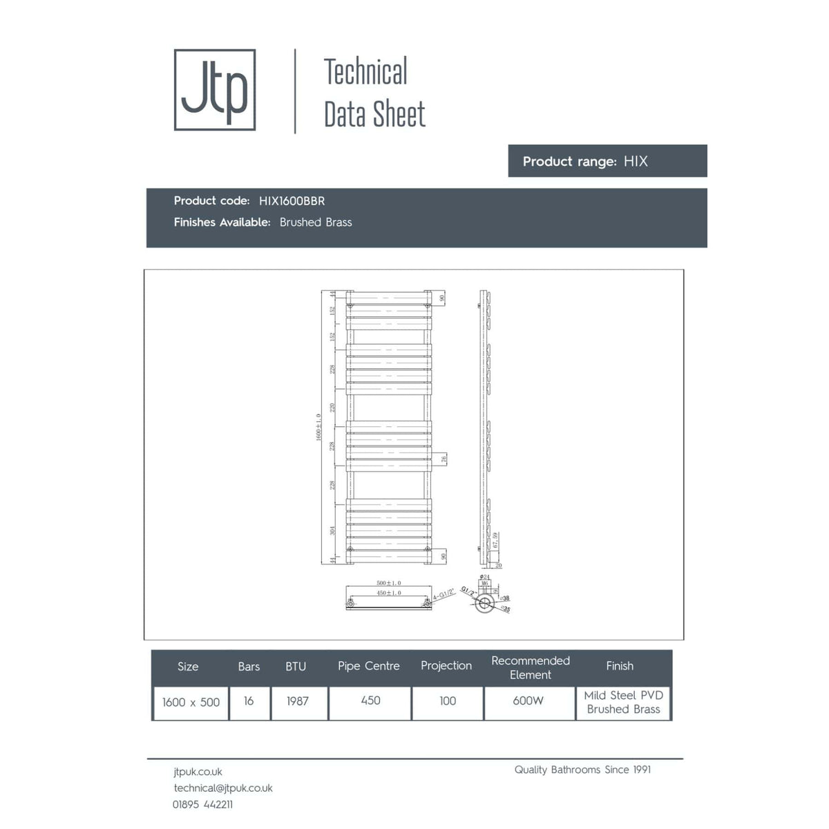 High-quality technical data sheet for Bubly Bathrooms HIX brushed brass towel radiator, showcasing dimensions, design, and specifications for modern bathroom heating solutions.