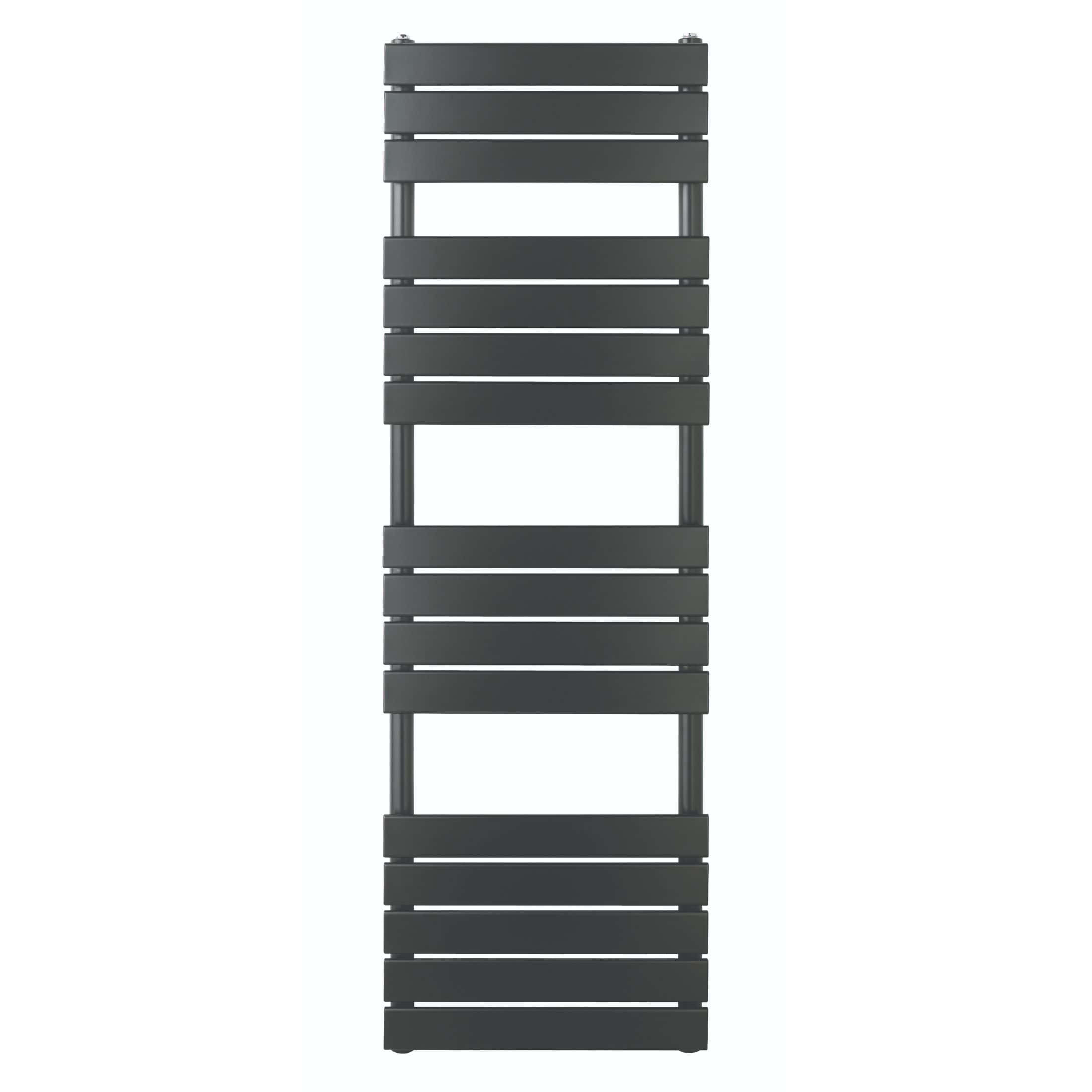 Contemporary black heated towel rail radiator for bathroom heating and towel drying, featuring a modern horizontal slat design with sturdy metal construction, perfect for stylish bathroom interiors.