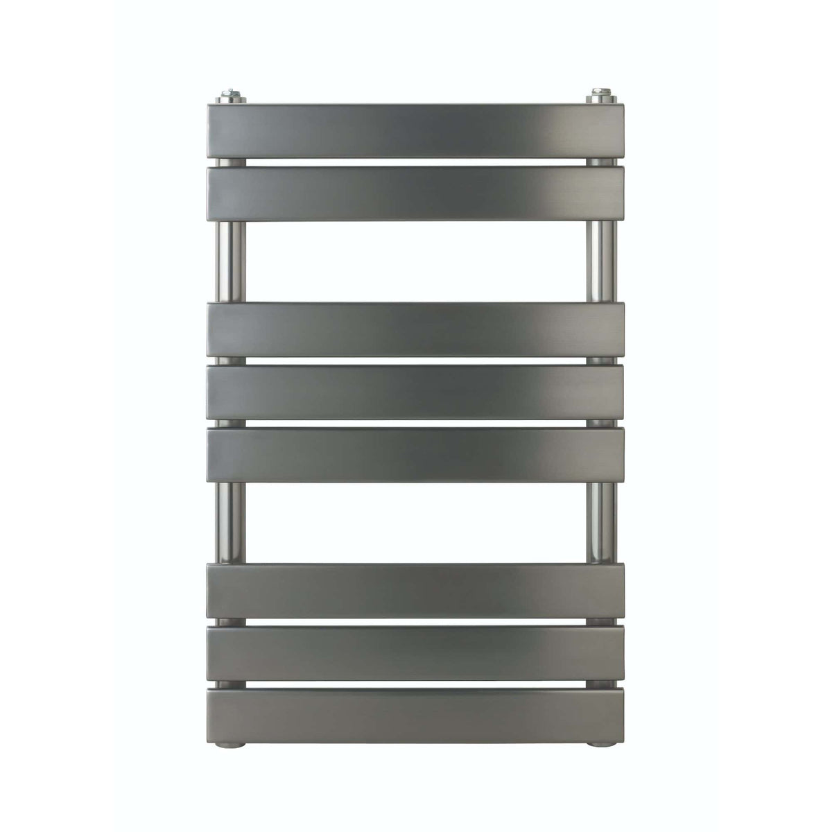 Sleek grey modern radiator with horizontal slats, ideal for contemporary bathroom decor. Perfect for heating and adding style to your bathroom space.