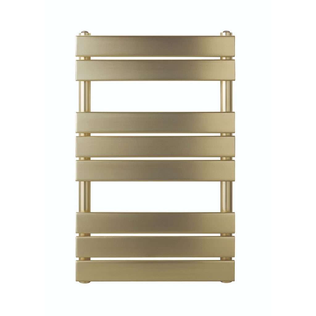 Gold bathroom radiator with horizontal slats, modern design, heated towel rail, stylish bathroom heating, aluminium finish, contemporary bathroom accessories, space-saving bathroom radiator.