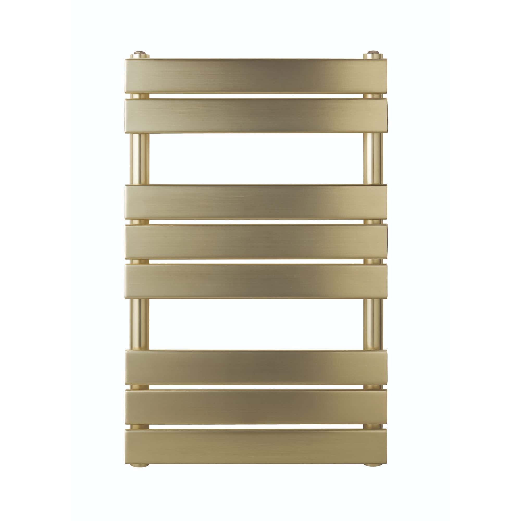 Gold bathroom radiator with horizontal slats, modern design, heated towel rail, stylish bathroom heating, aluminium finish, contemporary bathroom accessories, space-saving bathroom radiator.
