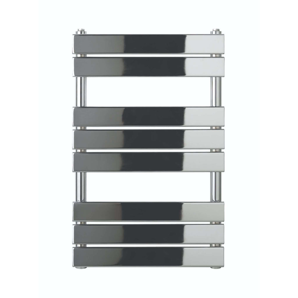 Shiny chrome towel radiator with horizontal bars for modern bathroom heating and drying. Perfect addition for contemporary bathroom decor, combining style and functionality.