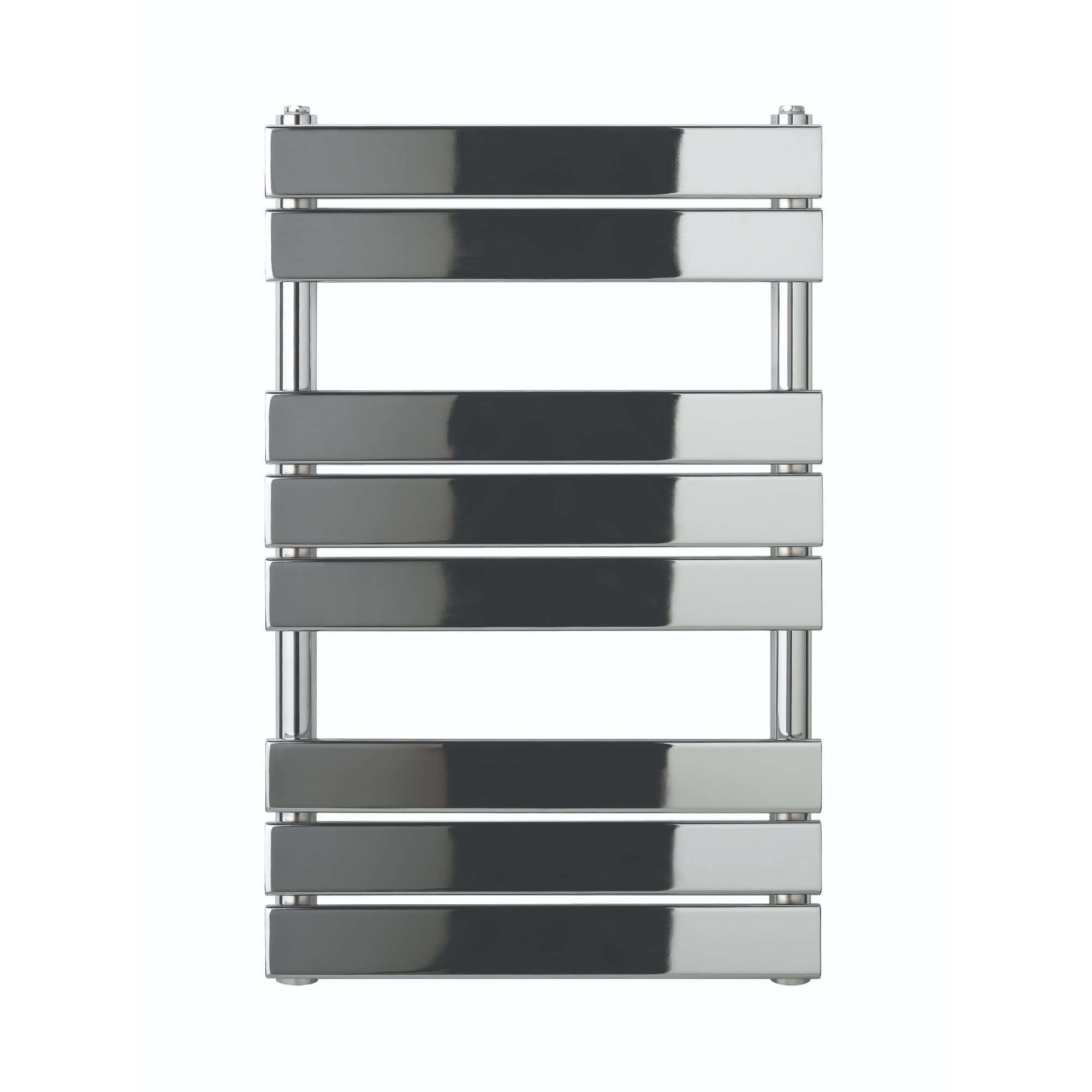 Shiny chrome towel radiator with horizontal bars for modern bathroom heating and drying. Perfect addition for contemporary bathroom decor, combining style and functionality.