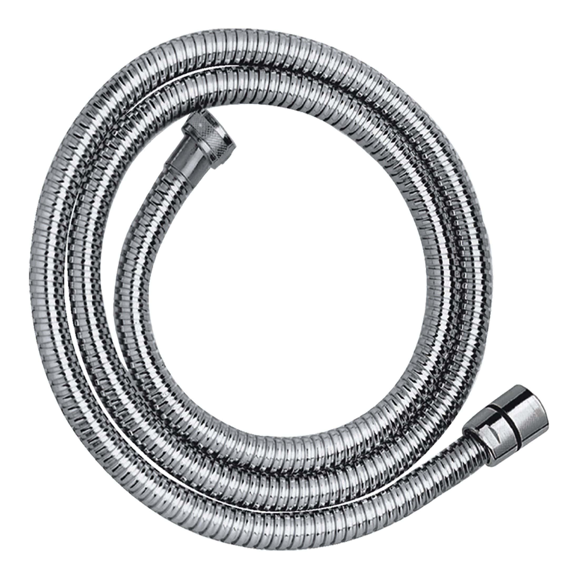 Shiny chrome flexible shower hose for bathroom plumbing, compatible with various shower fittings, durable and easy to install. Perfect for modern bathroom refurbishments and repairs.