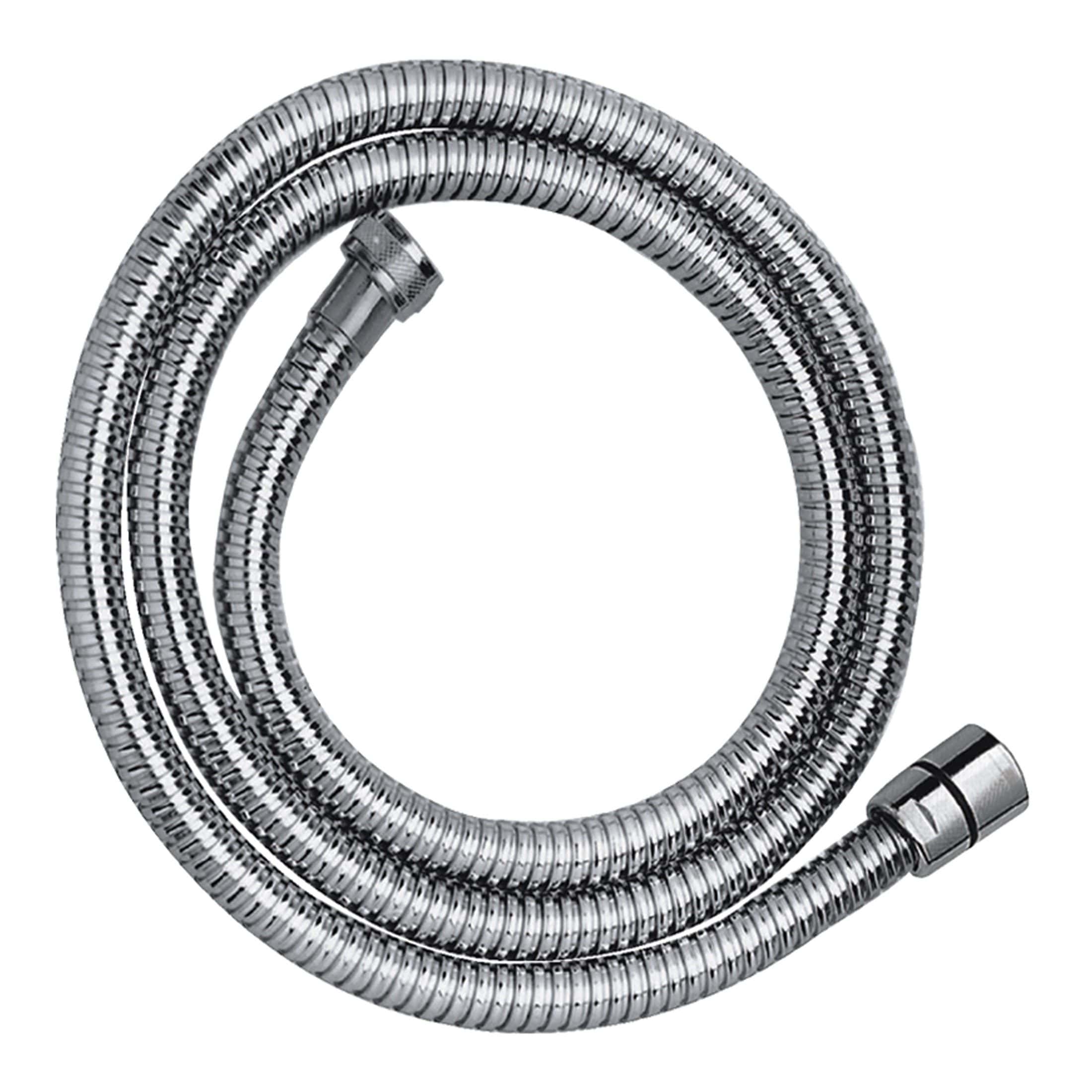 Flexible chrome bathroom shower hose for washing and bathing fixtures for Bubly Bathrooms product showcase.