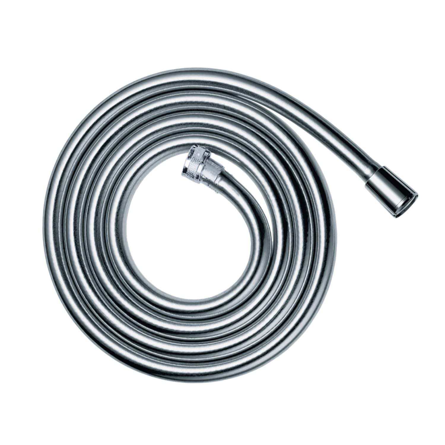 Flexible silver shower hose for bathroom installations. Durable and easy to connect, ideal for modern bathroom fittings and showerheads. Perfect for replacing or upgrading your shower system.
