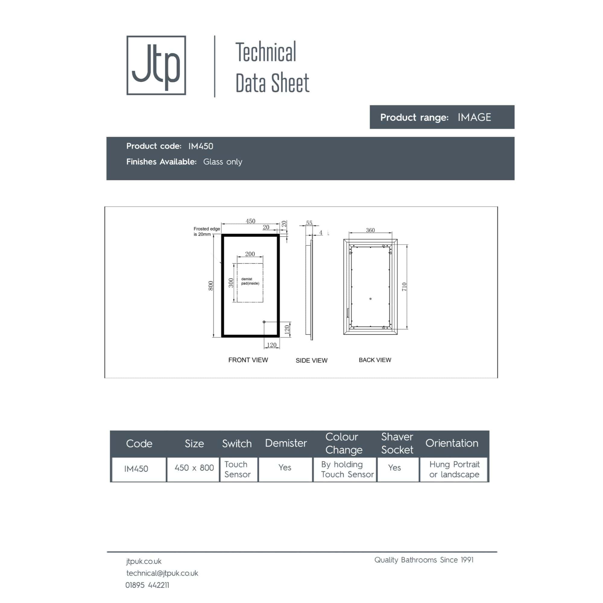 Frosted glass bathroom shower enclosure with sleek black frame, 450mm x 800mm size, features touch sensor switch, and is suitable for portrait or landscape hanging installation.