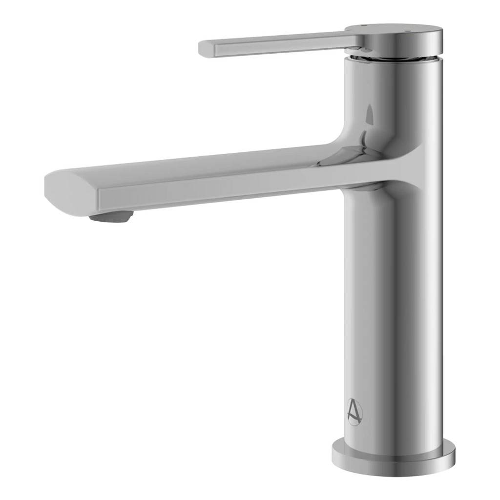 Sleek modern chrome bathroom sink tap with single handle for precise water control, ideal for contemporary bathroom designs.