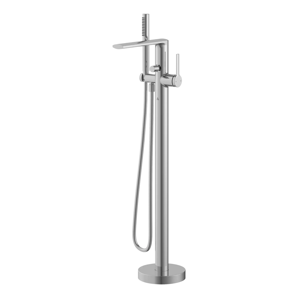 Sleek modern freestanding bathroom shower with handheld spray and adjustable height, perfect for contemporary bathroom renovation.