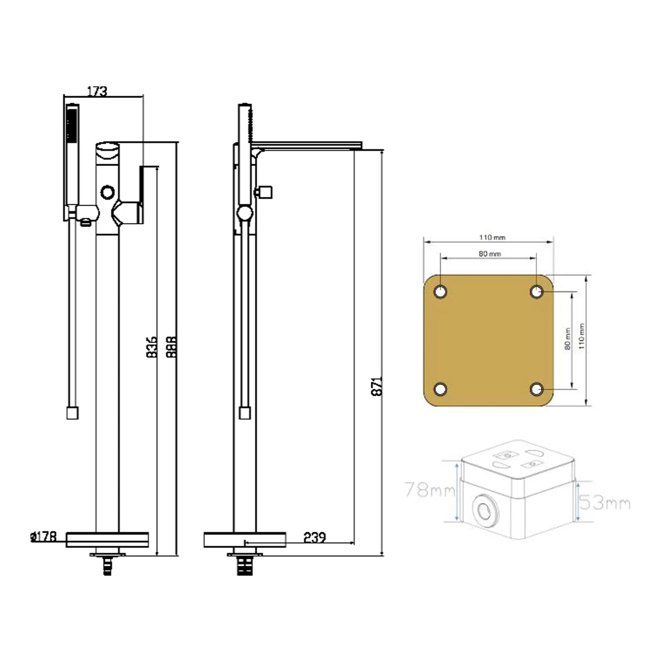 Modern shower installation technical drawing with measurements and components for Bubly Bathrooms.