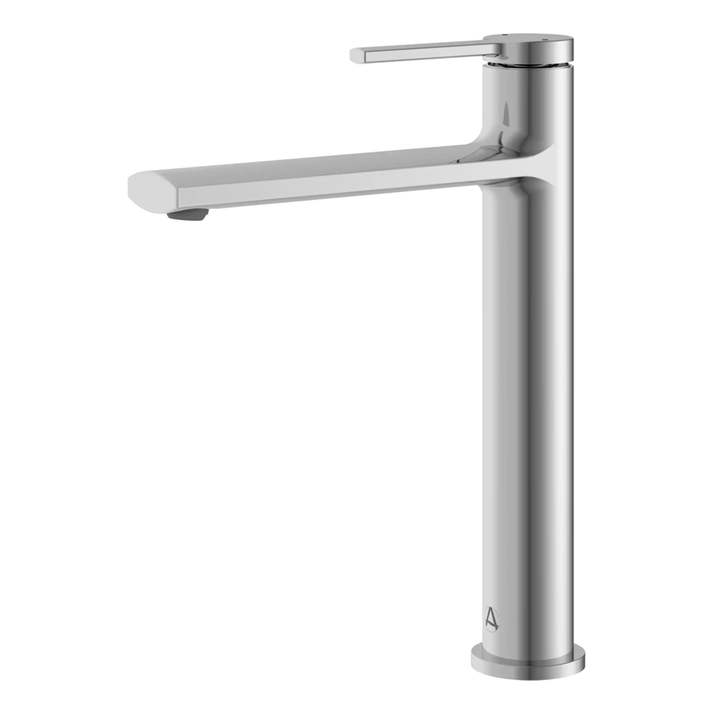 Sleek modern chrome bathroom faucet with a minimalist design for luxury bathroom fixtures. Suitable for kitchen sinks or washbasins, combining style with durability.