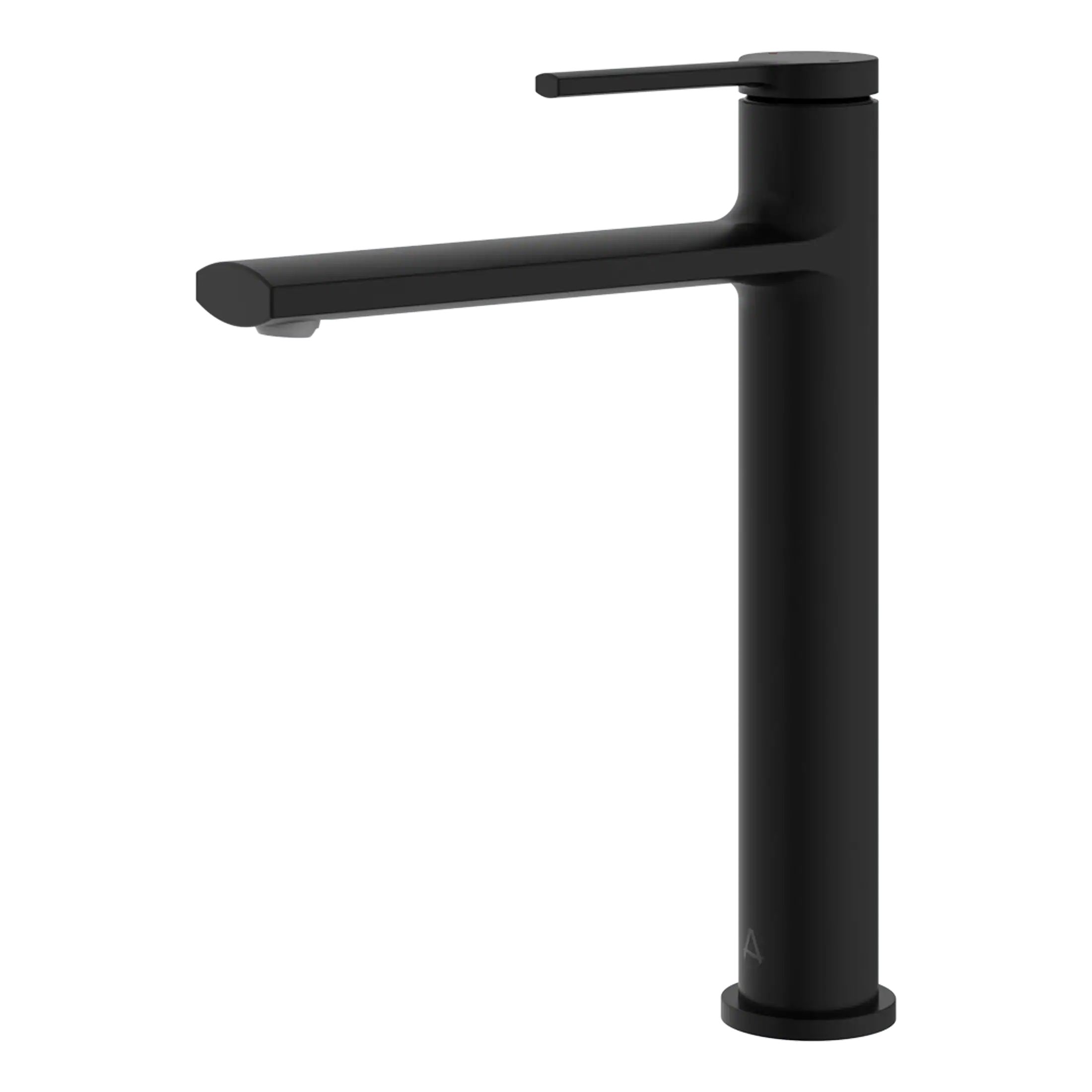 Futuristic black bathroom sink tap, minimalistic design, modern faucet with sleek matte finish, ideal for contemporary bathroom interiors.