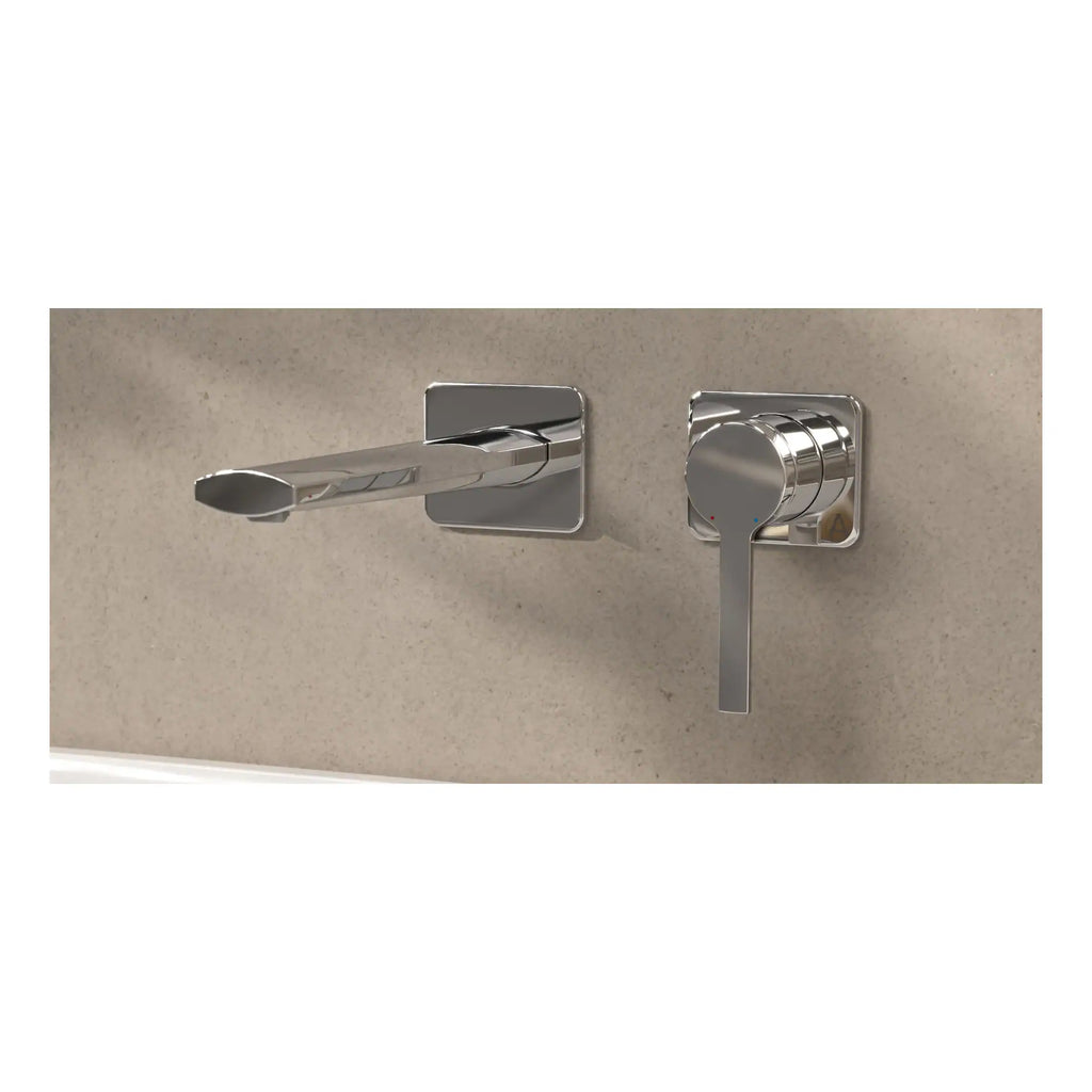 Sleek modern chrome thermostatic bath tap with lever control, designed for contemporary bathrooms, installed on a beige stone wall. Ideal for stylish, high-quality bathroom fixtures and fittings.