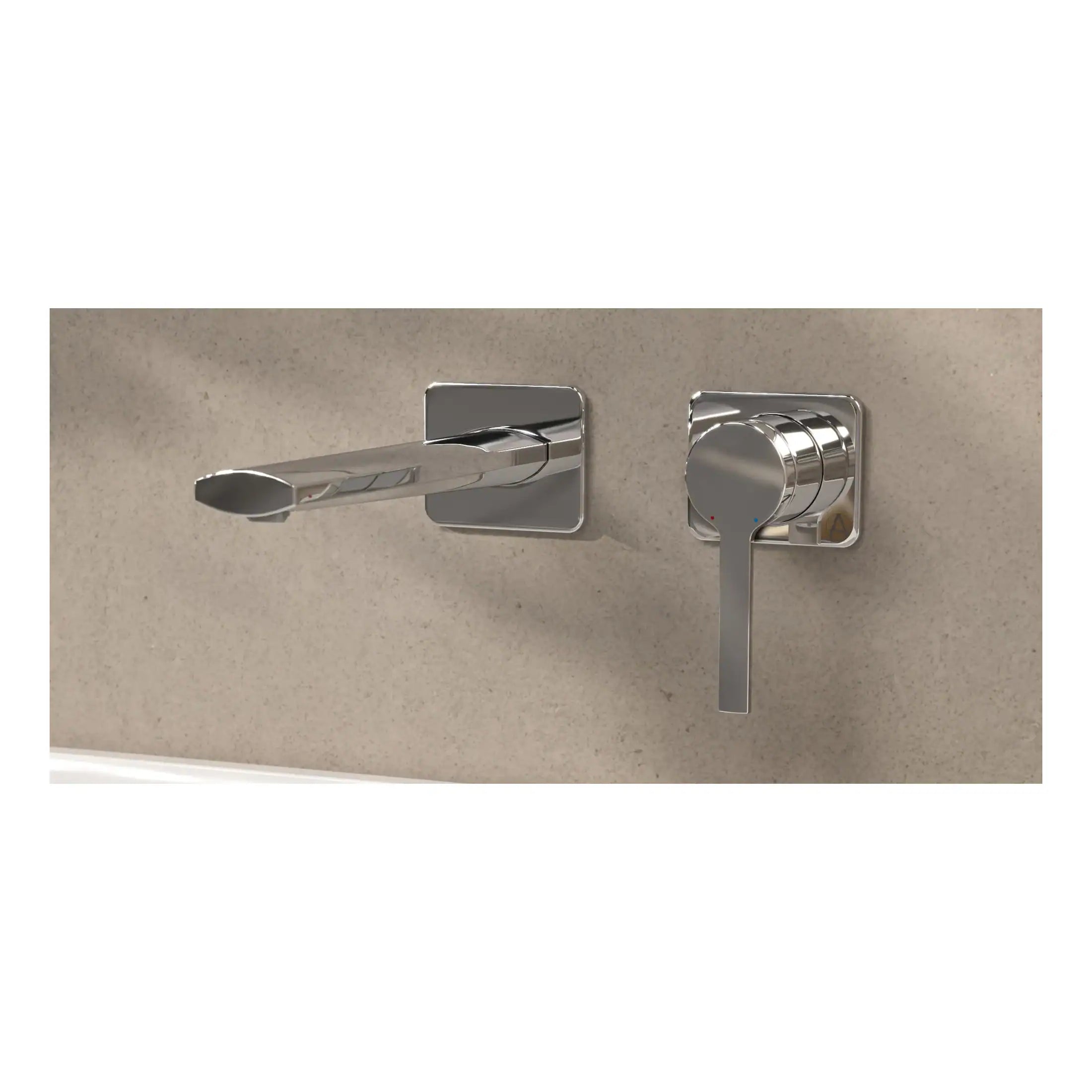 Sleek modern chrome thermostatic bath tap with lever control, designed for contemporary bathrooms, installed on a beige stone wall. Ideal for stylish, high-quality bathroom fixtures and fittings.