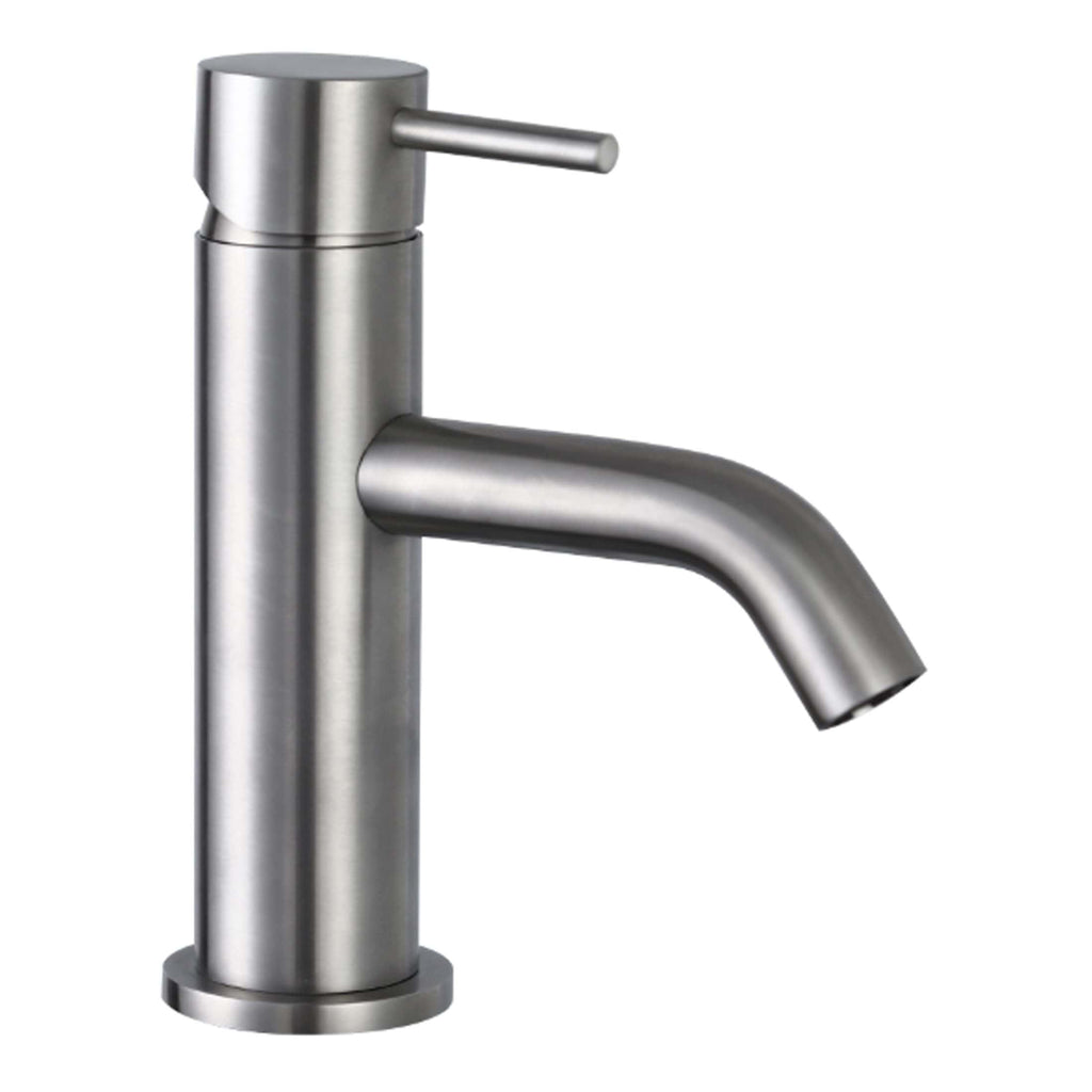 Polished stainless steel bathroom mixer tap with modern minimalist design, ideal for contemporary bathroom sinks and vanity units.