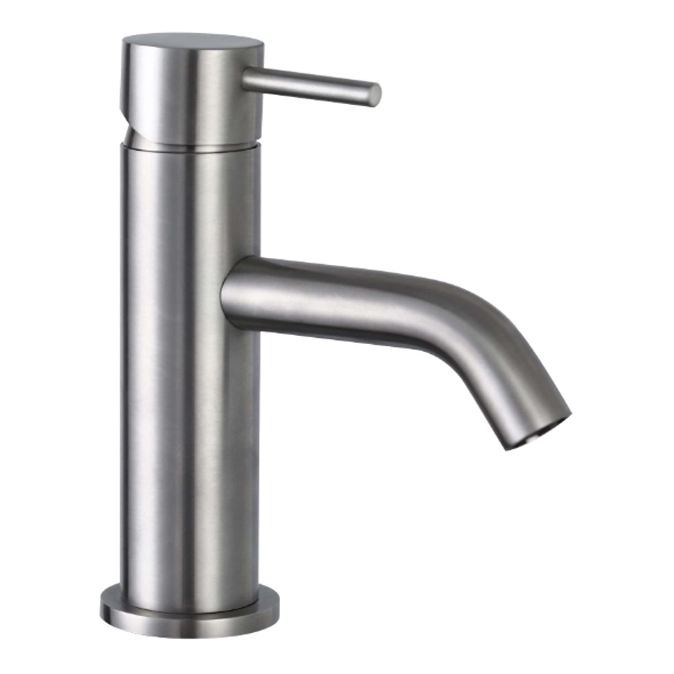 Polished stainless steel bathroom mixer tap with modern minimalist design, ideal for contemporary bathroom sinks and vanity units.