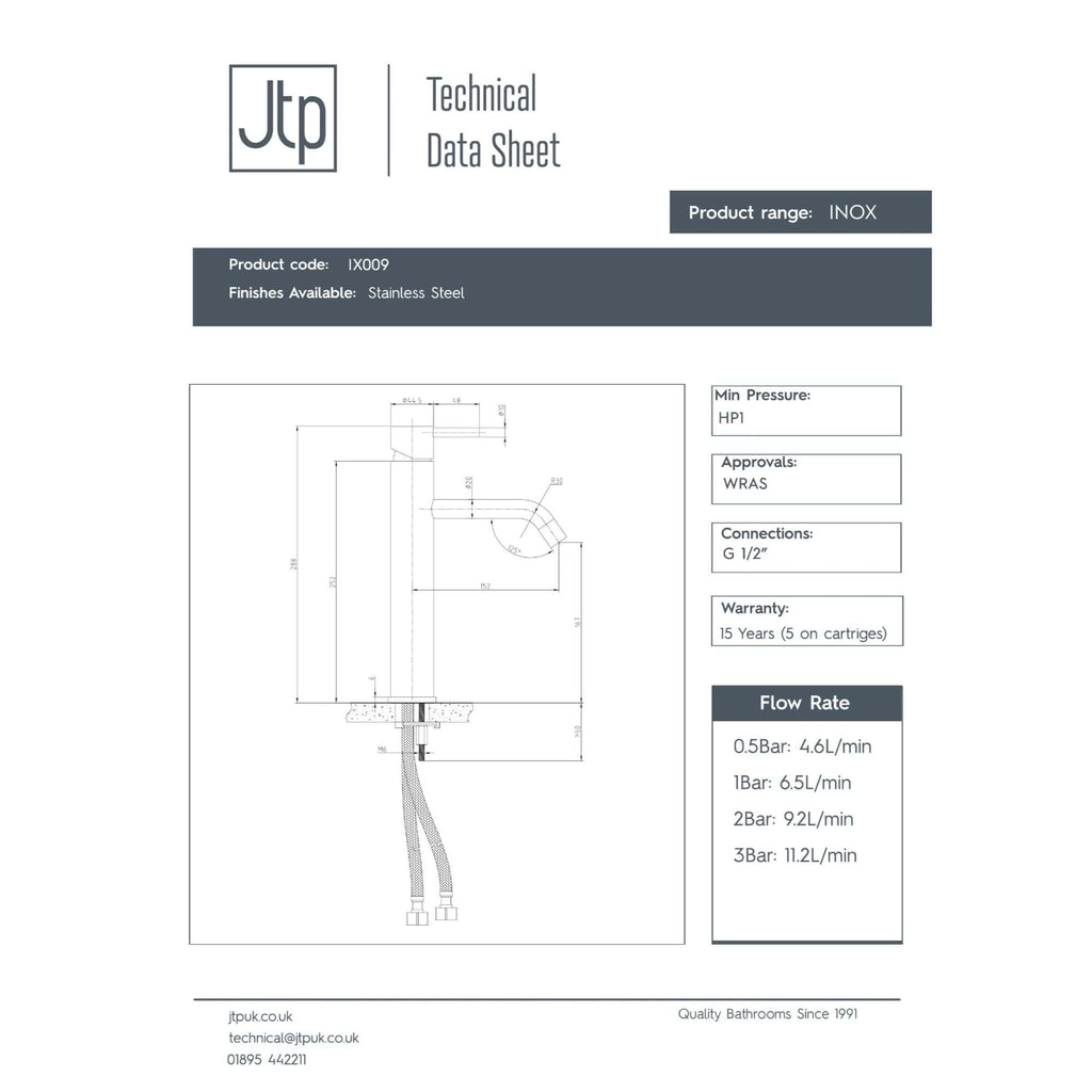 '- Modern stainless steel bathroom basin faucet with technical blueprint details.