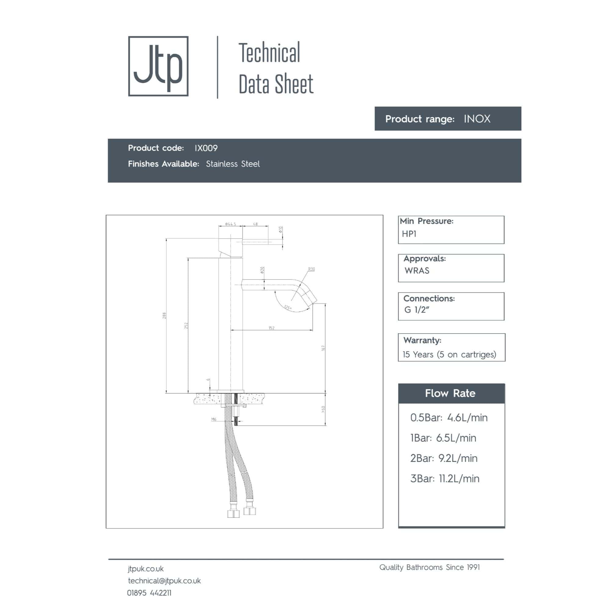 '- Modern stainless steel bathroom basin faucet with technical blueprint details.