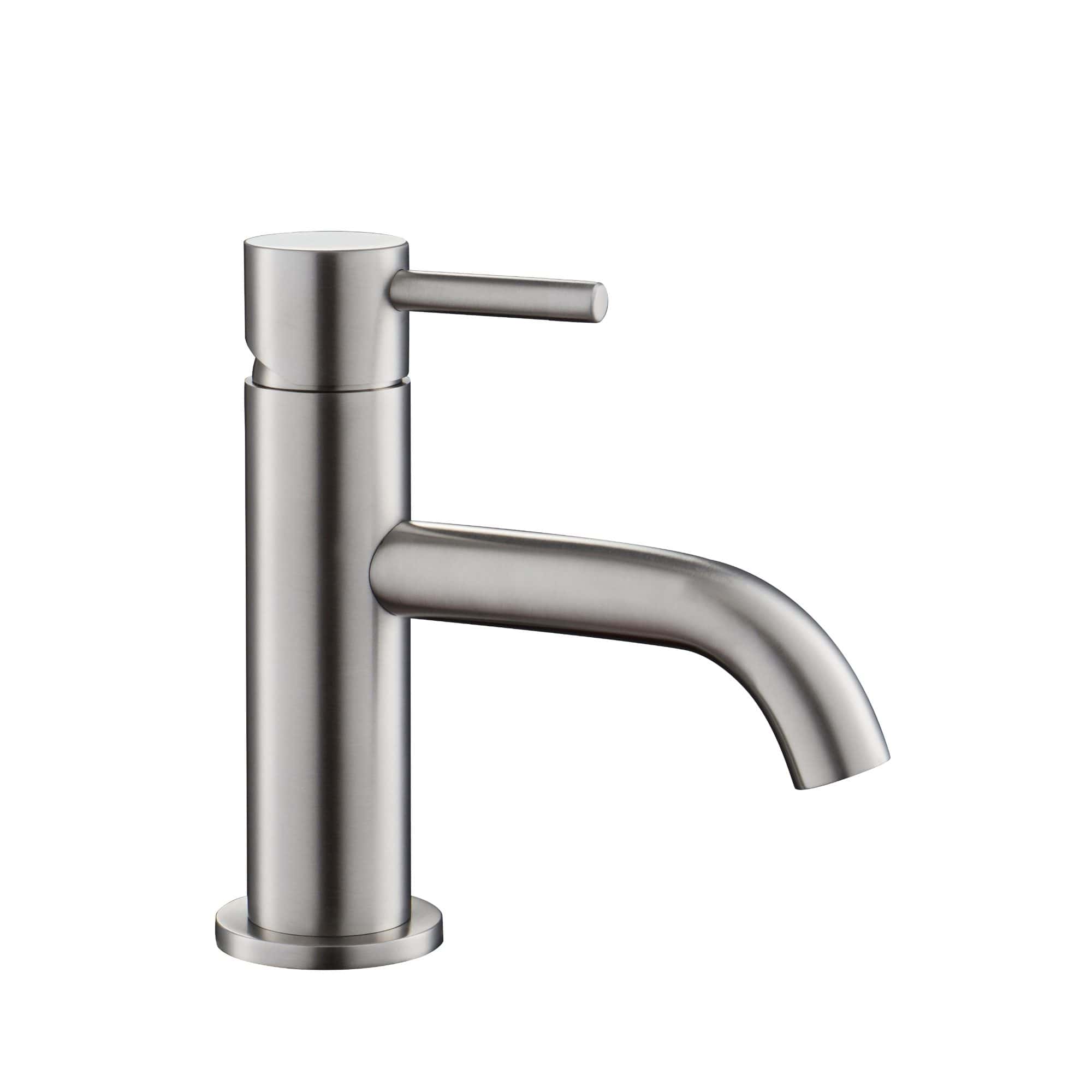 Brushed nickel bathroom sink tap, modern minimalist design, stainless steel finish, high-quality fixtures, bubly bathrooms products, elegant kitchen and bathroom taps, contemporary stainless steel tap, durable and stylish sink faucet.