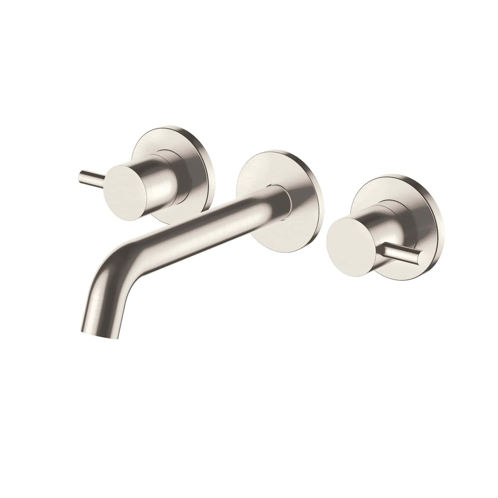 Sleek stainless steel wall-mounted bathroom faucet with two handles for hot and cold water, modern minimalist design, ideal for contemporary bathroom upgrades.